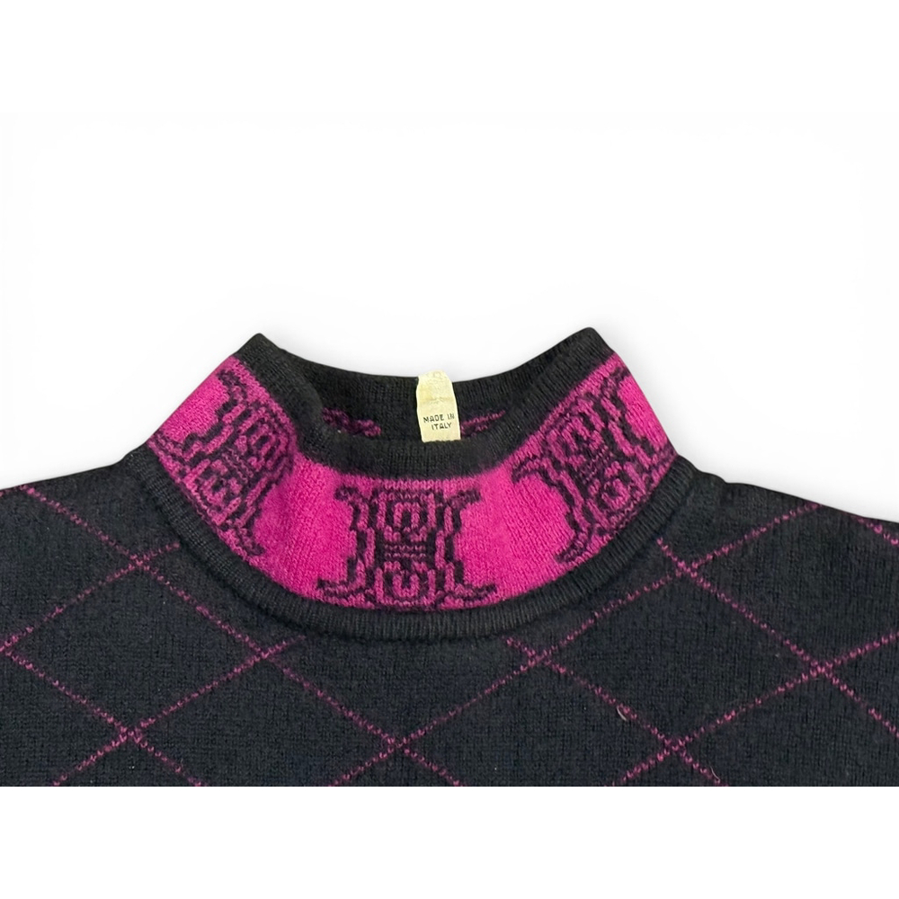 VTG RARE Celine Paris Women's Wool Sweater Argyle Mock Neck Made in Italy Sz L - Picture 7 of 12